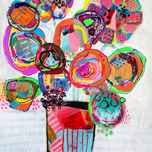 May include: A colourful abstract painting of a bouquet of flowers in a vase. The flowers are painted in bright colours, including pink, orange, yellow, green, and blue. The vase is painted in a red, white and blue striped pattern. The background is white with a light blue wash.