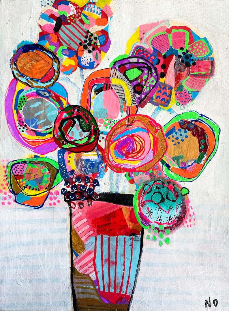 May include: A colourful abstract painting of a bouquet of flowers in a vase. The flowers are painted in bright colours, including pink, orange, yellow, green, and blue. The vase is painted in a red, white and blue striped pattern. The background is white with a light blue wash.