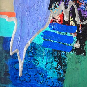 May include: Abstract painting with blue, green, and silver paint. The painting features a large blue shape with a silver outline, and a series of blue stripes. The background is a dark green color with black and blue accents. The painting is signed "M079" in the lower left corner.