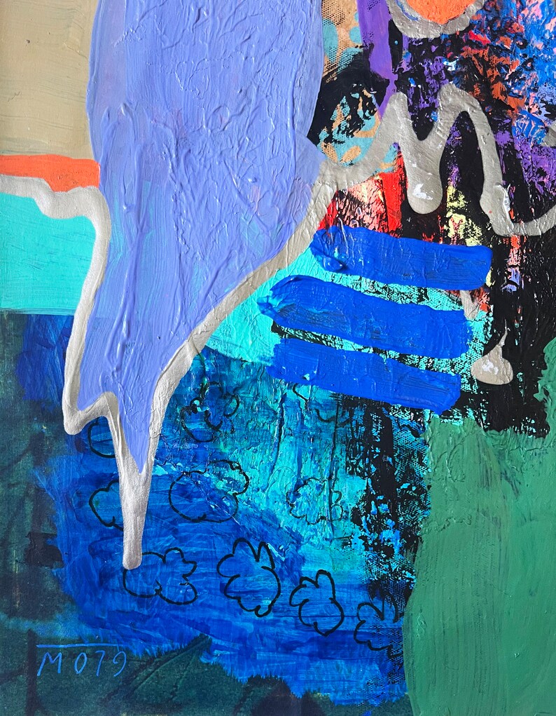 May include: Abstract painting with blue, green, and silver paint. The painting features a large blue shape with a silver outline, and a series of blue stripes. The background is a dark green color with black and blue accents. The painting is signed "M079" in the lower left corner.