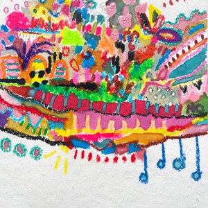 May include: A colourful abstract painting with a variety of shapes and colours, including pink, blue, green, yellow, and orange. The painting is done in a whimsical style and features a variety of textures.