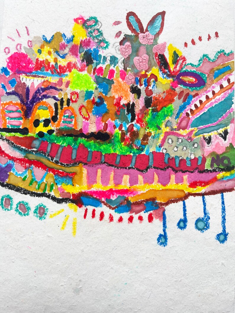 May include: A colourful abstract painting with a variety of shapes and colours, including pink, blue, green, yellow, and orange. The painting is done in a whimsical style and features a variety of textures.