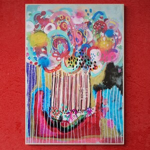 Puede incluir: Pintura abstracta con un dise&ntilde;o colorido y en espiral. La pintura presenta una variedad de colores, incluyendo rosa, azul, verde, amarillo y negro. La pintura est&aacute; sobre lienzo y tiene una superficie texturizada.