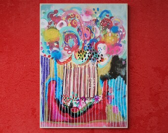 Flowers Abstract, Stillife Painting, Colorful Wall Art on Paper, Mixed Media Abstract Wall Art, Expressionist Painting
