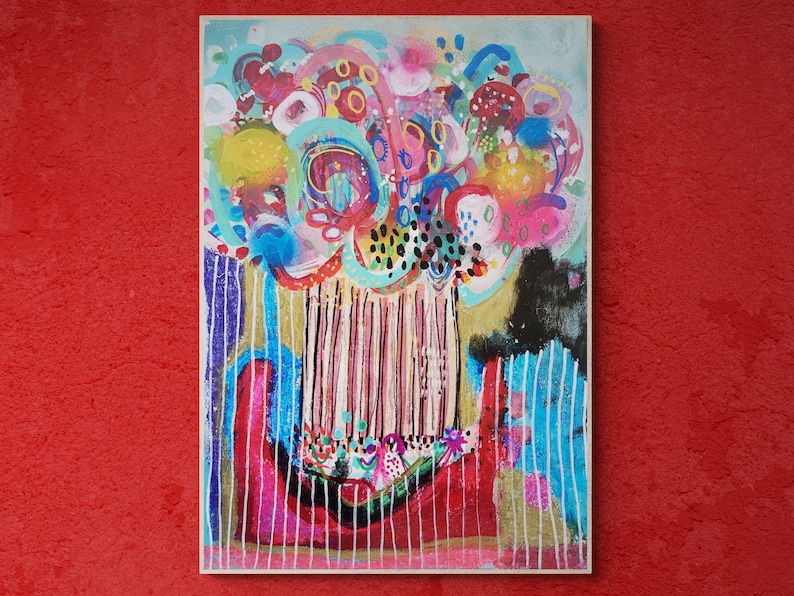 Puede incluir: Pintura abstracta con un dise&ntilde;o colorido y en espiral. La pintura presenta una variedad de colores, incluyendo rosa, azul, verde, amarillo y negro. La pintura est&aacute; sobre lienzo y tiene una superficie texturizada.