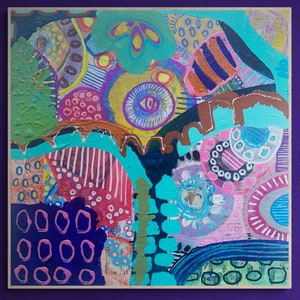 May include: Abstract painting with a colorful, layered design featuring circles, stripes, and dots in shades of pink, blue, green, yellow, and brown. The painting has a textured surface and a modern, abstract style.