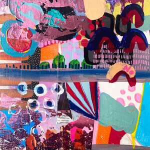 Puede incluir: Pintura abstracta con un dise&ntilde;o colorido y en capas. La pintura presenta una variedad de formas, incluyendo c&iacute;rculos, cuadrados y rect&aacute;ngulos. Los colores son brillantes y vibrantes, incluyendo rosa, azul, verde, amarillo y naranja.