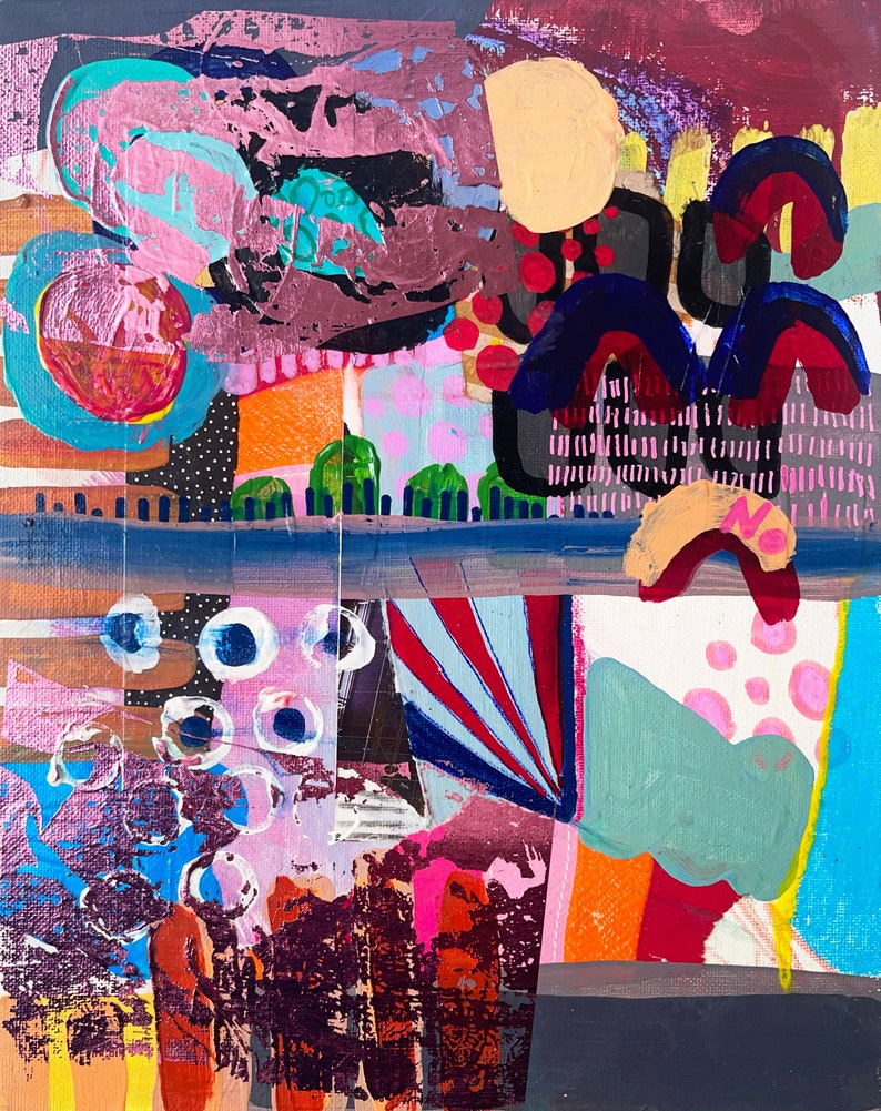 Puede incluir: Pintura abstracta con un dise&ntilde;o colorido y en capas. La pintura presenta una variedad de formas, incluyendo c&iacute;rculos, cuadrados y rect&aacute;ngulos. Los colores son brillantes y vibrantes, incluyendo rosa, azul, verde, amarillo y naranja.