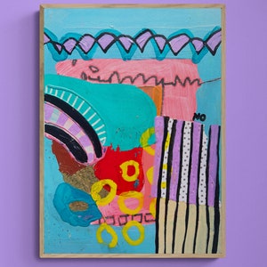 Pu&ograve; includere: Dipinto astratto con una miscela di colori vivaci, tra cui rosa, blu, giallo, rosso e nero. Il dipinto presenta forme geometriche, strisce e una linea ondulata nella parte superiore. La parola "NO" &egrave; scritta in nero sul lato destro del dipinto.