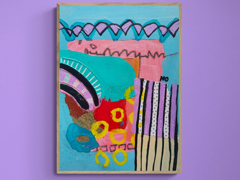 Pu&ograve; includere: Dipinto astratto con una miscela di colori vivaci, tra cui rosa, blu, giallo, rosso e nero. Il dipinto presenta forme geometriche, strisce e una linea ondulata nella parte superiore. La parola "NO" &egrave; scritta in nero sul lato destro del dipinto.