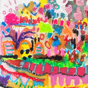 May include: Abstract painting with a colourful, layered design. The painting features a variety of shapes, lines, and textures, including circles, squares, stripes, and dots. The colours are bright and vibrant, including pink, yellow, green, blue, and orange.