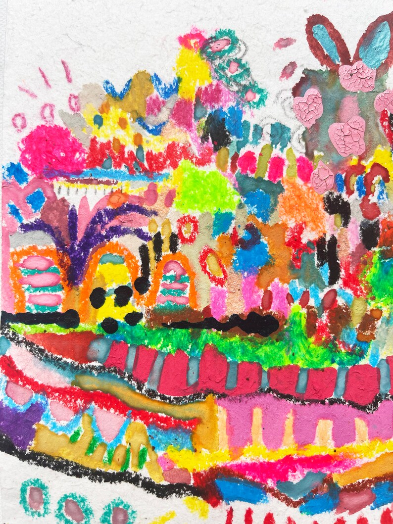 May include: Abstract painting with a colourful, layered design. The painting features a variety of shapes, lines, and textures, including circles, squares, stripes, and dots. The colours are bright and vibrant, including pink, yellow, green, blue, and orange.