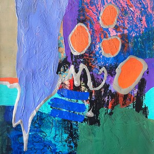 May include: Abstract painting with a purple, blue, and green background. The painting features orange circles and a silver swirl. The painting is signed "M079" in the bottom left corner.