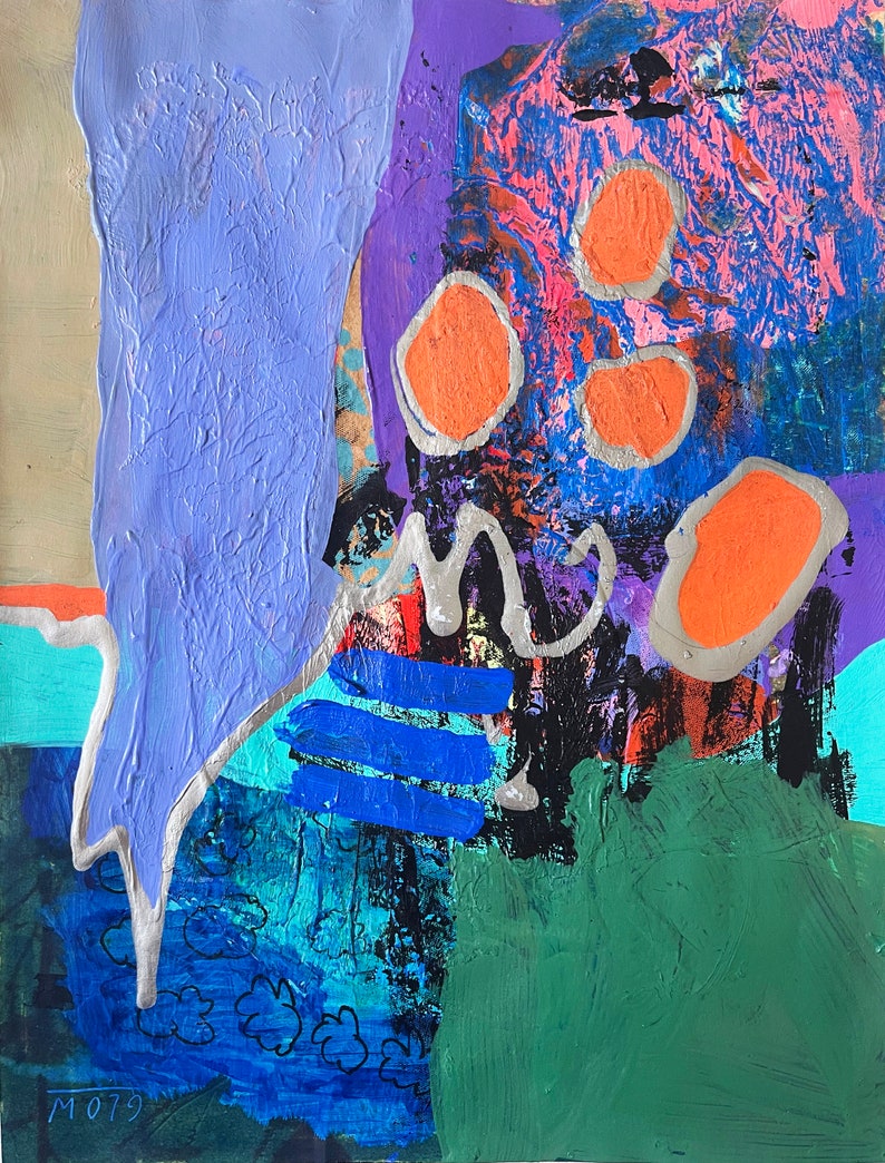 May include: Abstract painting with a purple, blue, and green background. The painting features orange circles and a silver swirl. The painting is signed "M079" in the bottom left corner.
