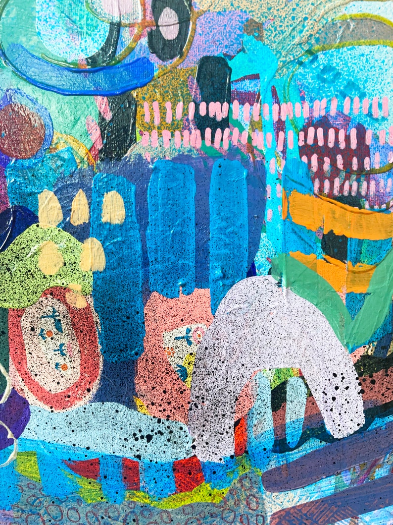 Samtida abstrakt expressionistisk målning, blandteknik collagekonstverk, botanisk väggkonst, original blandteknik assemblagekonst bild 5