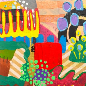 May include: Abstract painting with a colorful, layered design. The painting features a variety of shapes, including circles, squares, and wavy lines. The colors used are bright and vibrant, including yellow, red, green, blue, and purple.