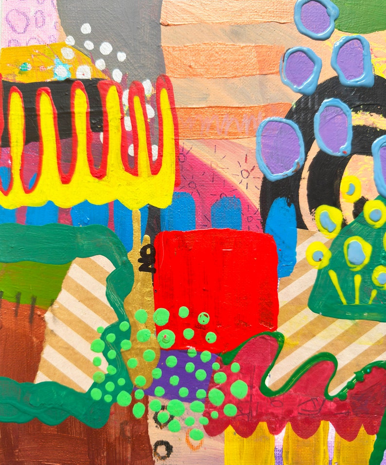 May include: Abstract painting with a colorful, layered design. The painting features a variety of shapes, including circles, squares, and wavy lines. The colors used are bright and vibrant, including yellow, red, green, blue, and purple.