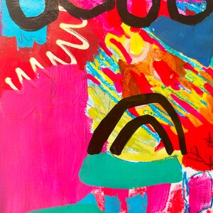 May include: Abstract painting featuring bold black lines, circles, and a rainbow shape. The background is a mix of bright pink, red, yellow, blue, and green.