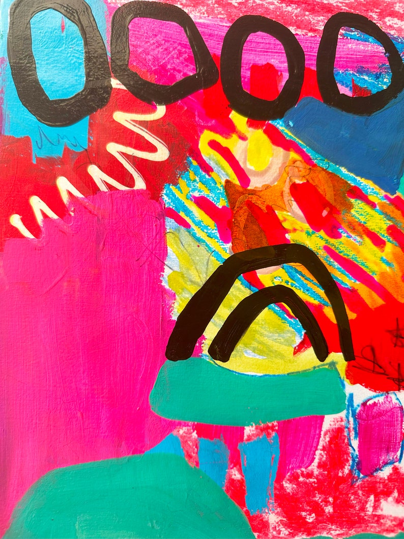 May include: Abstract painting featuring bold black lines, circles, and a rainbow shape. The background is a mix of bright pink, red, yellow, blue, and green.