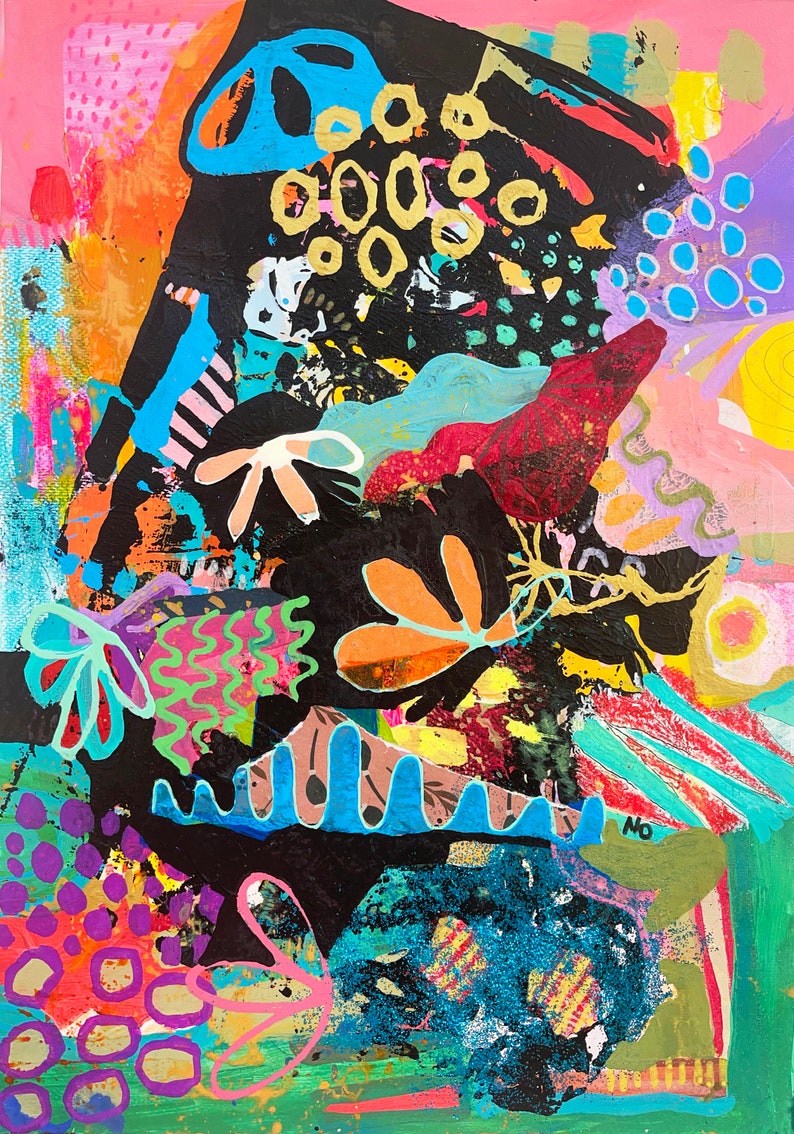 Puede incluir: Pintura abstracta con fondo negro y formas coloridas, incluyendo c&iacute;rculos, flores y hojas. La pintura est&aacute; realizada en un estilo vibrante con colores y texturas audaces.