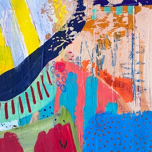 May include: Abstract painting with bold strokes of blue, yellow, red, green, and orange. The painting features a variety of patterns, including stripes, dots, and circles.