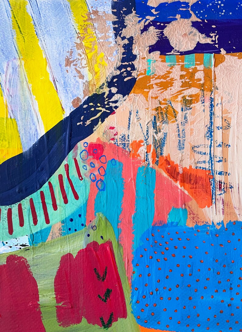 May include: Abstract painting with bold strokes of blue, yellow, red, green, and orange. The painting features a variety of patterns, including stripes, dots, and circles.