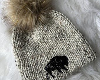 Buffalo Knit Hat, HAND KNIT, Game Day Hat, Buffalo football knit hat, Buffalo Football inspired hat, Adult knit winter hat, Sparkle hat,