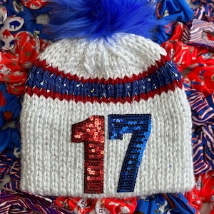 ORIGINAL Sequin 17 Knit Hat, HAND KNIT, Game Day Hat, Buffalo football knit hat, Josh Allen, Sparkle hat, Bills beanie, Buffalo bills hat