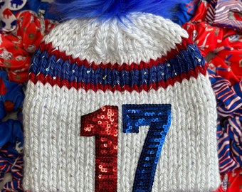 ORIGINAL Sequin 17 Knit Hat, HAND KNIT, Game Day Hat, Buffalo football knit hat, Quarterback, Sparkle hat, football beanie, Buffalo hat