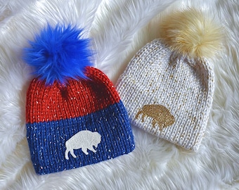 Buffalo Football Hat, HAND KNIT, Game Day Hat, Sparkle Hat, Buffalo knit hat, Adult knit winter hat, Sparkle hat, Warm Winter Hat