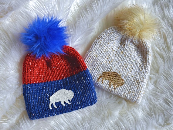 Buffalo Football Hat, HAND KNIT, Game Day Hat, Sparkle Hat, Buffalo knit hat, Adult knit winter hat, Sparkle hat, Warm Winter Hat