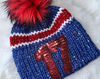 ORIGINAL Hand Knit Sequin 17 Hat, Buffalo Football Beanie, Game Day Sparkle