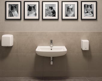 Funny Cat Bathroom Art Prints – Black and White Set (Digital Download)