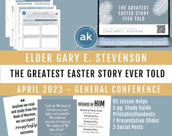 Puede incluir: Una descarga digital de recursos imprimibles para un grupo de estudio religioso. El título es "The Greatest Easter Story Ever Told" por Elder Gary E. Stevenson, Conferencia General de abril de 2023. La imagen incluye citas del orador y una lista de recursos imprimibles: una guía de estudio de 5 páginas, folletos imprimibles, 7 diapositivas de presentación y 3 publicaciones en redes sociales.