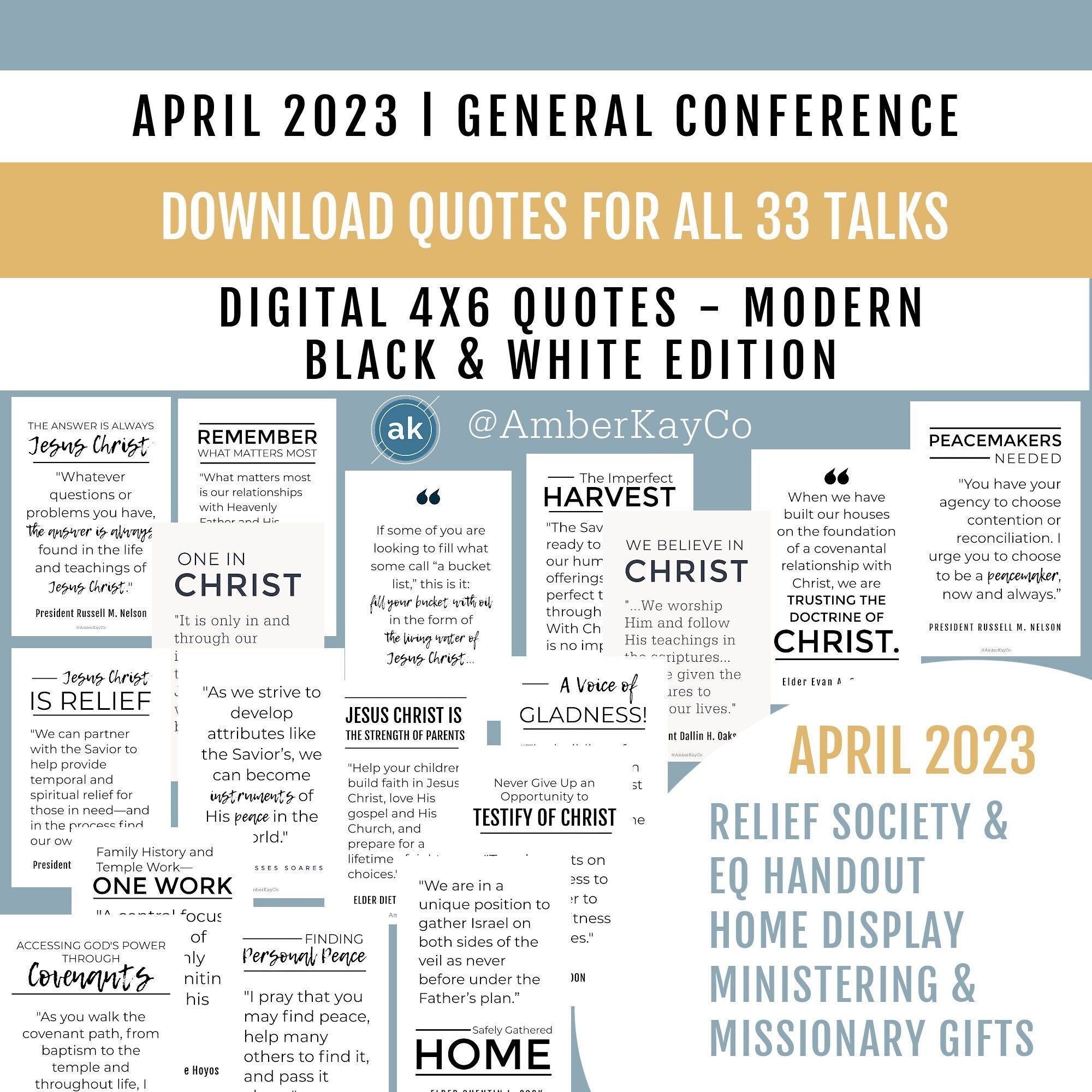 April '23 Gen Conference: 4x6, 8.5x11, 4-to-a-page Instant Download Quotes for all 33 talks - Black and White Modern - Handout, Ministering