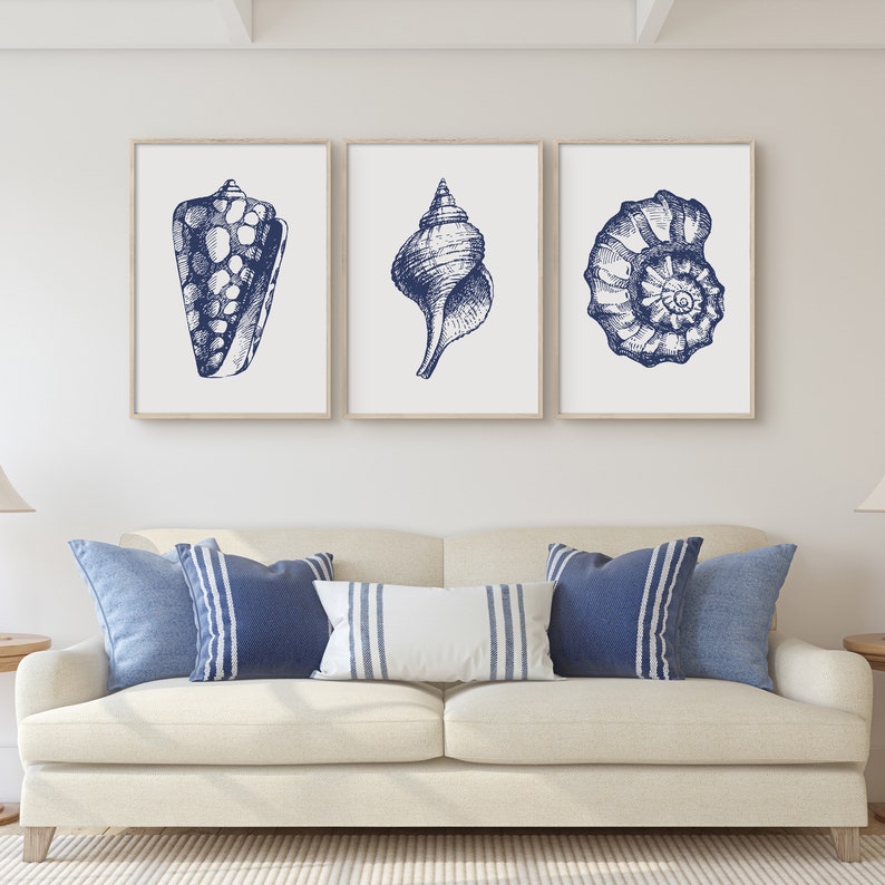 Set of 3 Sea Shell Prints Navy Blue Coastal Wall Art Set Etsy