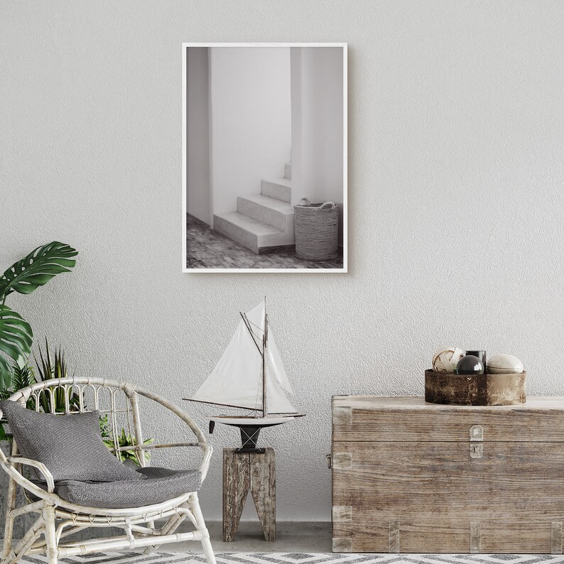 Minimalist White Stairs and Rope Basket Print Muted Earth Tone Colors Printable Wall Art Modern Boho Home Decor Monochrome Wall Decor