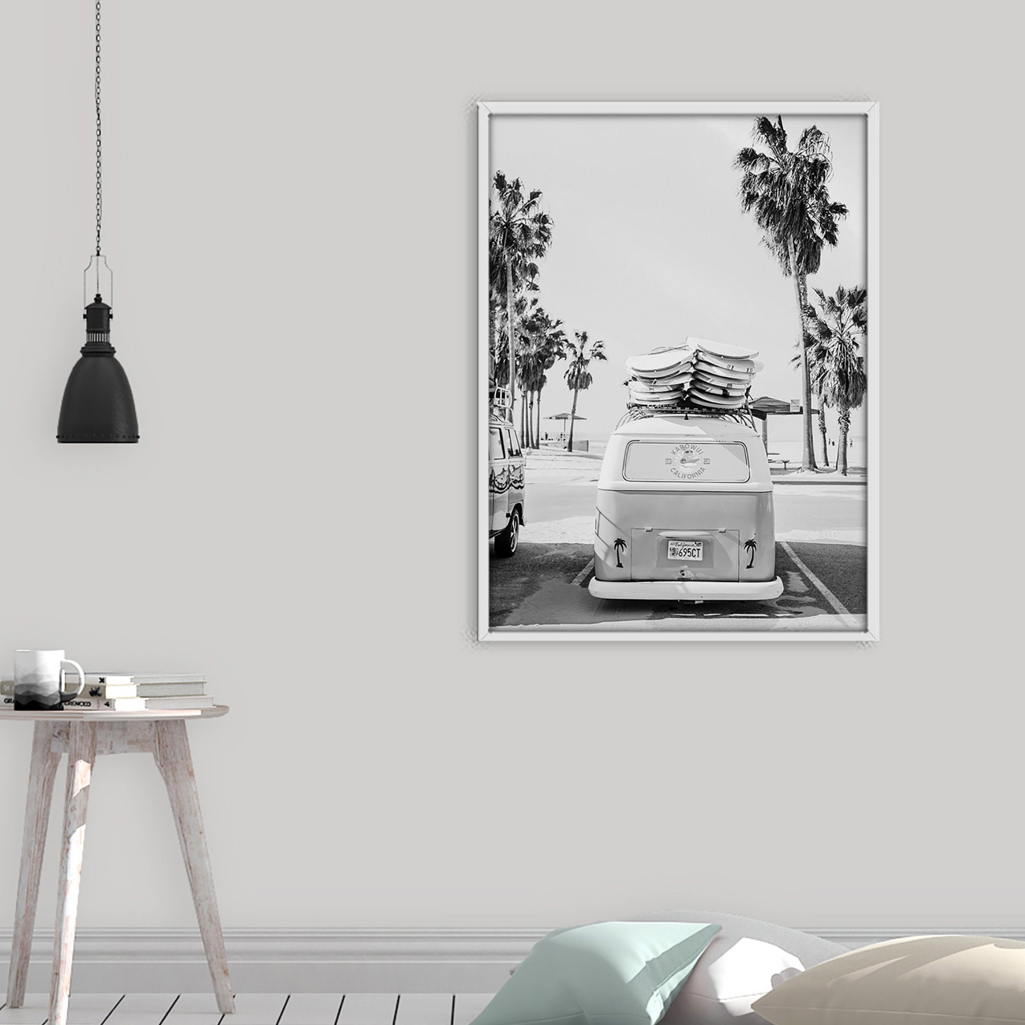 Black and White Van With Surfboard on Beach Retro Combi Bus - Etsy