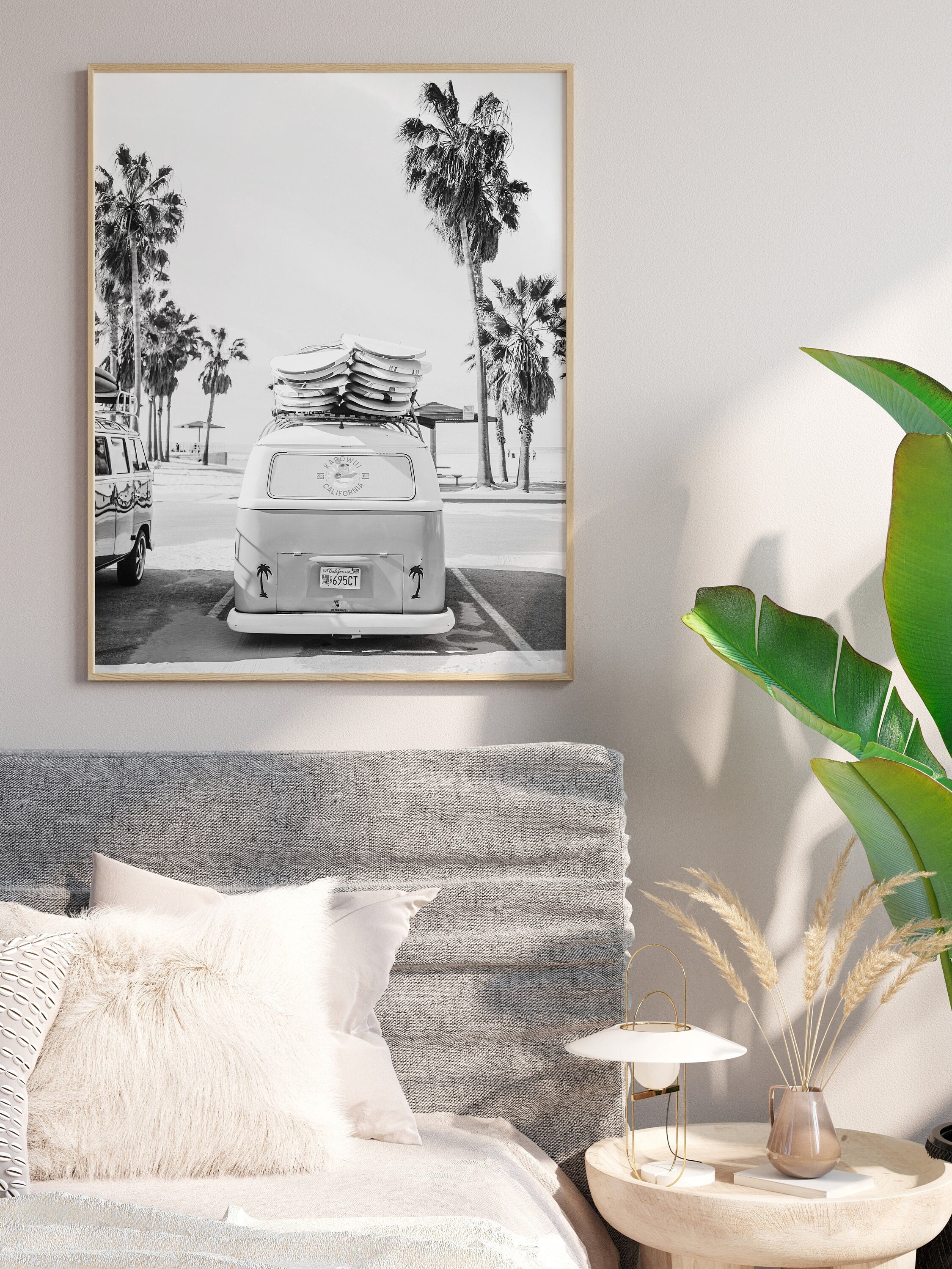 Black and White Van With Surfboard on Beach Retro Combi Bus - Etsy