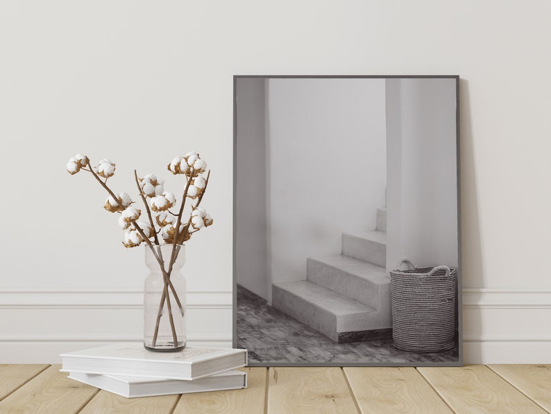 Minimalist White Stairs and Rope Basket Print Muted Earth Tone Colors Printable Wall Art Modern Boho Home Decor Monochrome Wall Decor