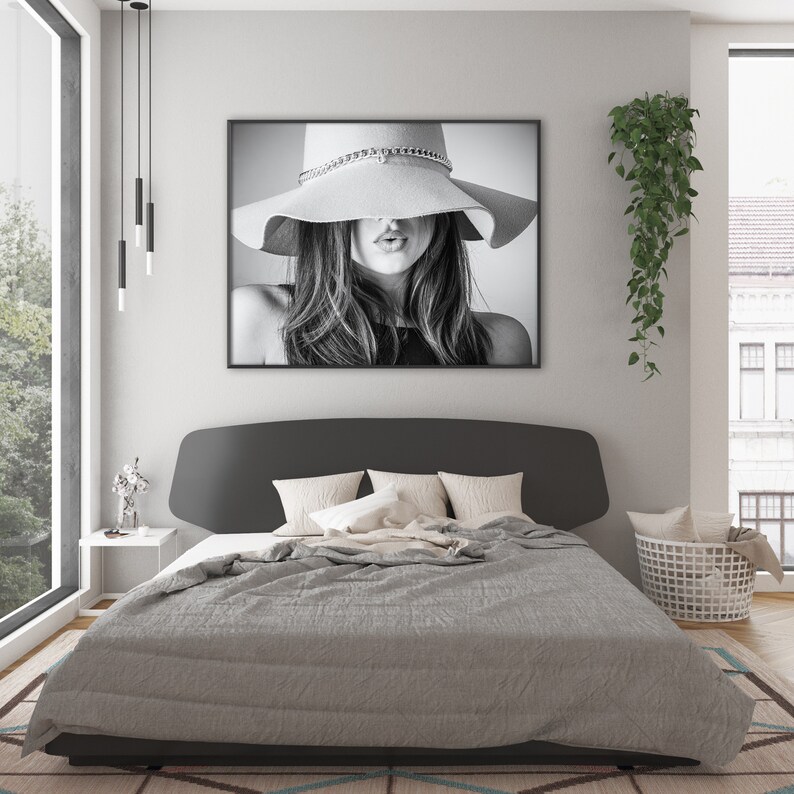 Black and White Fashion Portrait Print Kissing lips Poster Model in hat Wall Art Printable Wall Art Digital Download Fashion Poster