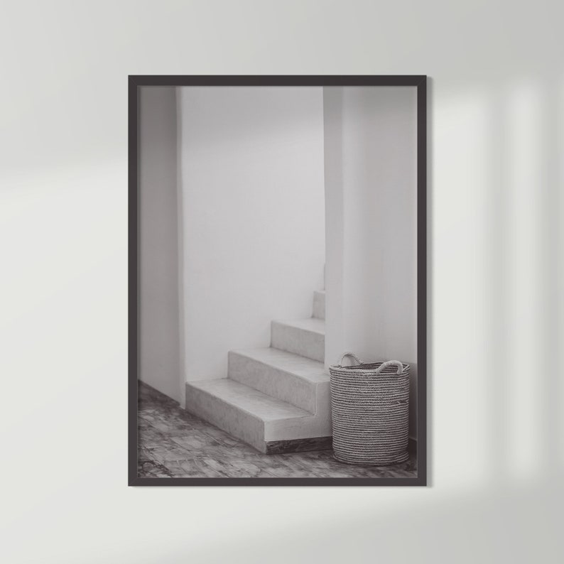 Minimalist White Stairs and Rope Basket Print Muted Earth Tone Colors Printable Wall Art Modern Boho Home Decor Monochrome Wall Decor