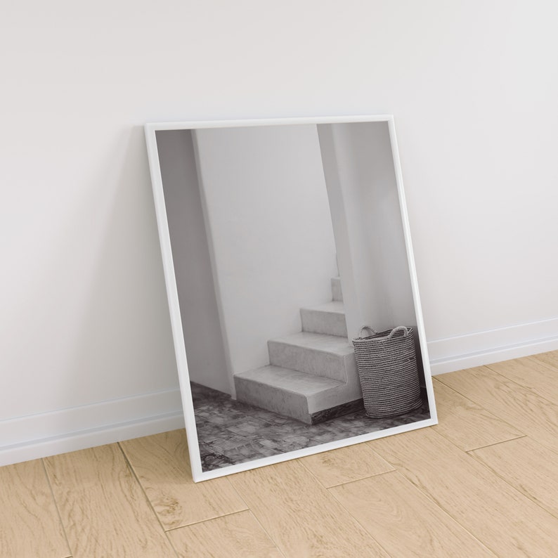 Minimalist White Stairs and Rope Basket Print Muted Earth Tone Colors Printable Wall Art Modern Boho Home Decor Monochrome Wall Decor
