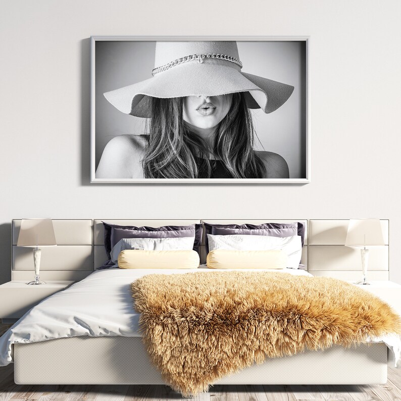 Black and White Fashion Portrait Print Kissing lips Poster Model in hat Wall Art Printable Wall Art Digital Download Fashion Poster