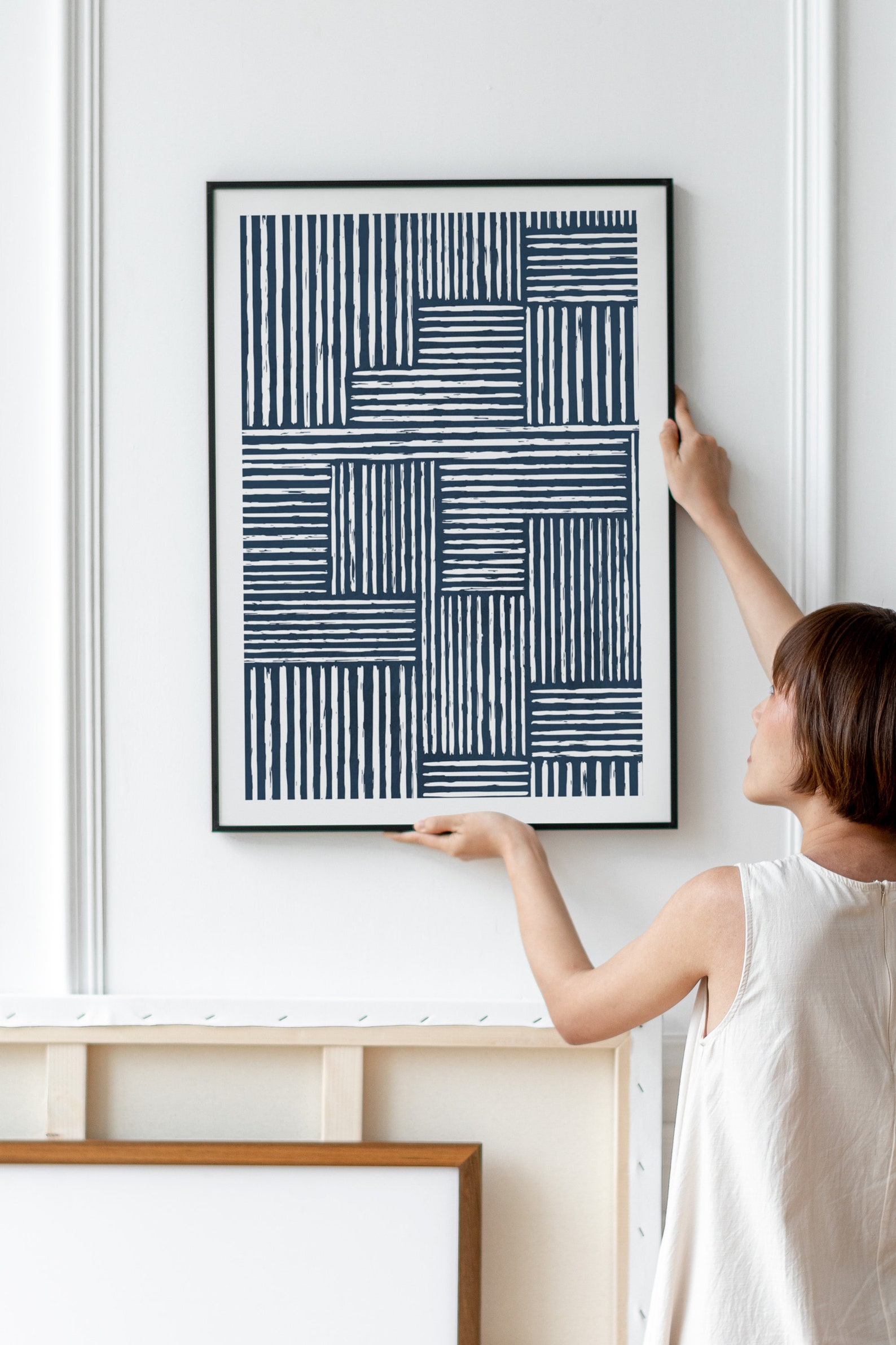 Navy Geometric Wall Art Japandi Decor Living Room Wall Art Etsy