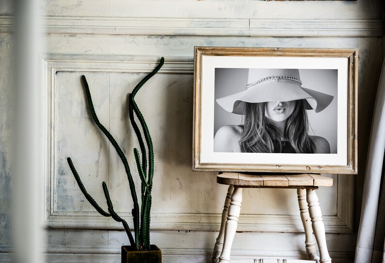 Black and White Fashion Portrait Print Kissing lips Poster Model in hat Wall Art Printable Wall Art Digital Download Fashion Poster