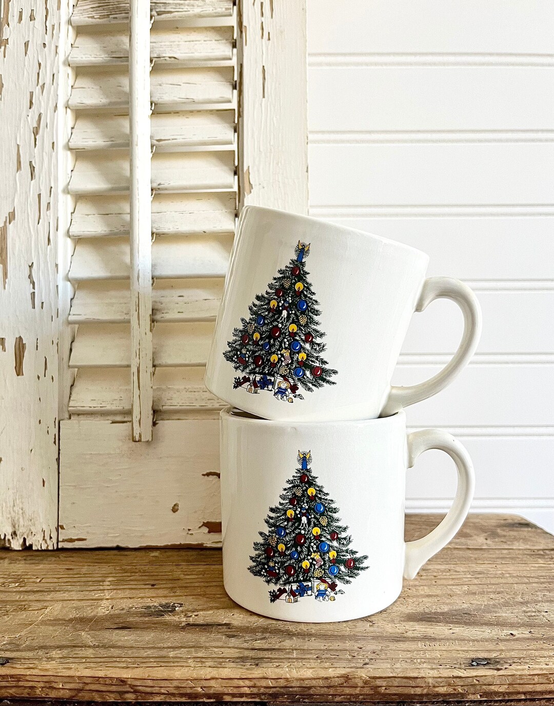 Set of 2 Vintage Christmas Tree Mugs, USA Etsy
