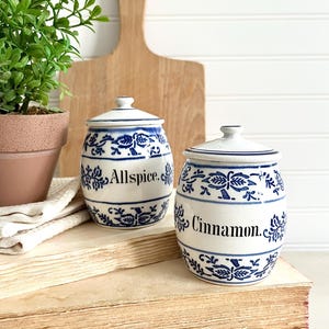 Set of 2 RUSTIC Vintage Blue and White German Spice Jars: Allspice & Cinnamon | Vintage Cottagecore European Farmhouse Kitchenware