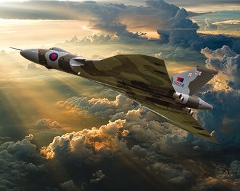 May include: A camouflage-painted British Avro Vulcan bomber flies through a cloudy sky at sunset. The plane's tail number, "XH558", is visible on the fuselage.