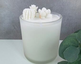 White Succulent Soy Wax Wood Wick Candle in White Glass Vessel